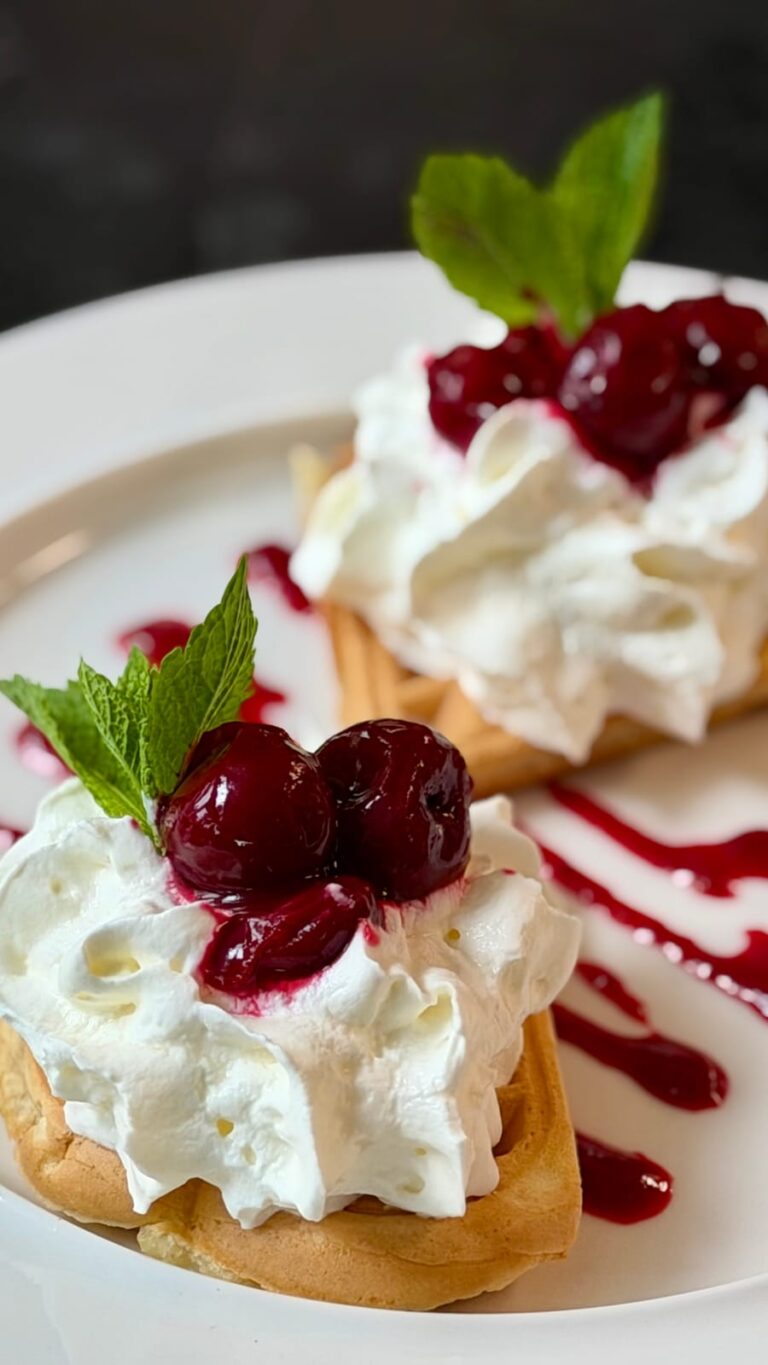 Gofry z bitą śmietaną i wiśniami